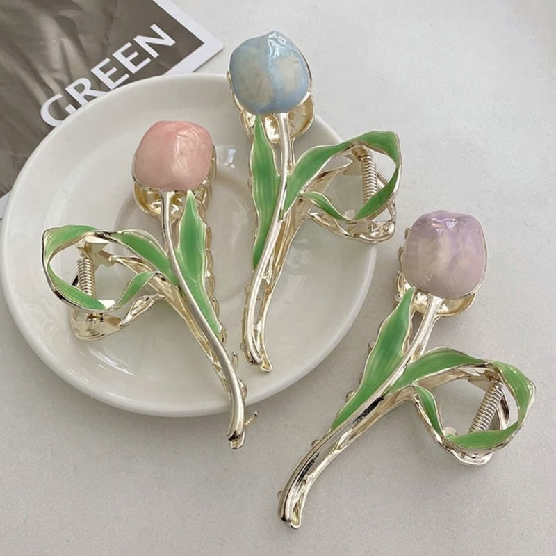 2022 Korean Fashion Pink 3D Tulip Hair Claws Women Girls Summer Shark Clip Hair Accessories Leaves Flowers Ponytail Gradient