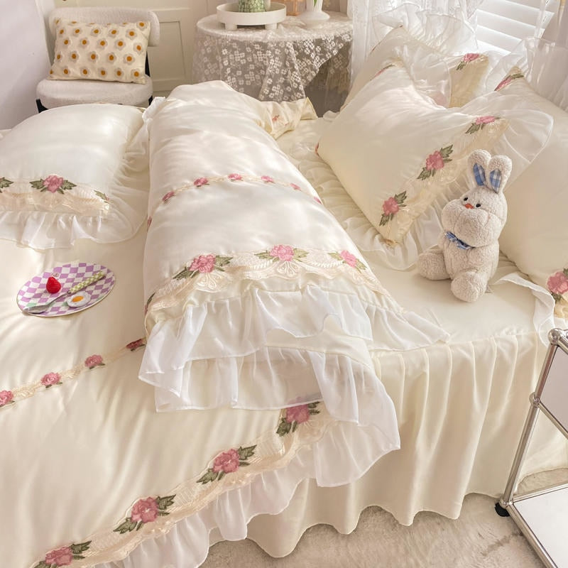 Princess Style Korean Bed Skirt Bed Sheet Embroidered Ruffle Lace Quilt Cover Ins Bedding For Girls Luxury Home Textiles