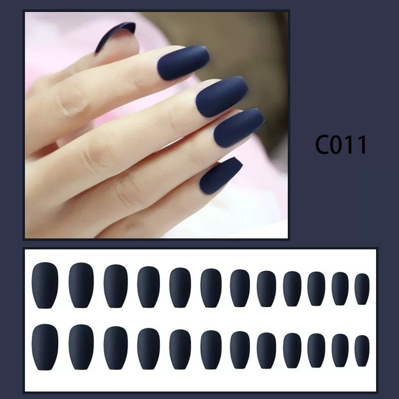 24pcs/set Matte Black Fake Nails Press on with Glue Long Detachable French Tips Stick on Nail Packaging Coffin False Nails Art