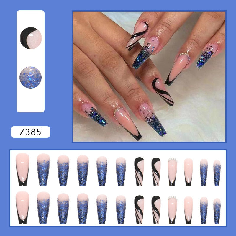 24Pcs Long Coffin False Nails Gold Glitter Sequins Designs Press On Full Cover Fake Nails Tips Wearable Manicure Art Accessories