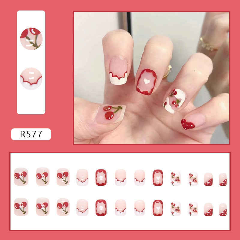 24Pcs/Set Short False Press on Nail Tip with Glue Designs Detachable Reusable Fake Nails with Glue Stick-on Nail Art DIY Tips