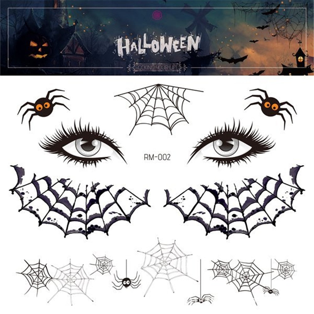 1set Halloween Tattoo Sticker for Face Fake Eyes Mouth Blood Scar 3D Spider Web Pattern Halloween Scary face sticker