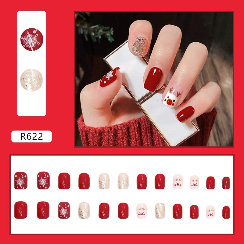 24pcs/Box Detachable Coffin False Nails Wearable French Ballerina   Christmas Fake Nails Full Cover Nail Tips Press On Nails