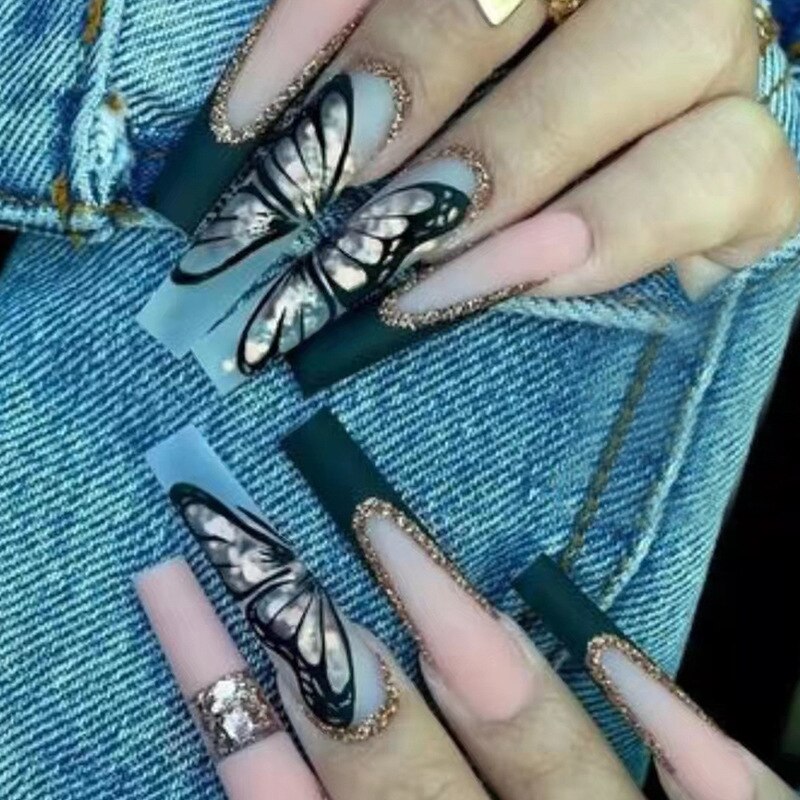 2022 Halloween Patch Nail Tip(24pcs/Box)French Press On Fake False Full Coverage Grimace,Blood Long Coffin Nail Tips With 1 Glue