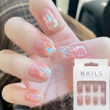 24pcs Pink Fake Nails Press on Rhinestone Design Medium Artificial Nail Tip with Glue Full Cover Stick-on Nails Tips Art