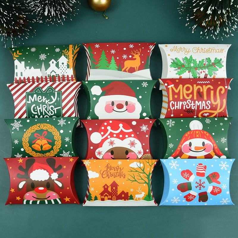 24/12pcs Christmas Pillow Shape Candy Box Merry Christmas Kraft Paper Gift Box Packging Kids Favors Happy New Year Navidad 2023