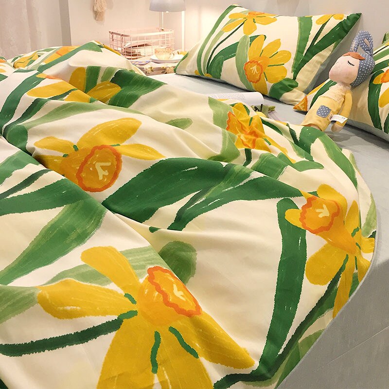 NEW Cotton 4PCS Luxury Bedding Set Ruffles Art Oil Painting Yellow Floral  Pattern Bed Sheet Quilt Cover Pillow Queen/single