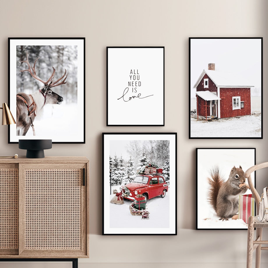 Christmas Red Car Home Elk Squirrel Wall Art Canvas Painting Holiday Living Room Decoration Posters And Prints Wall Pictures