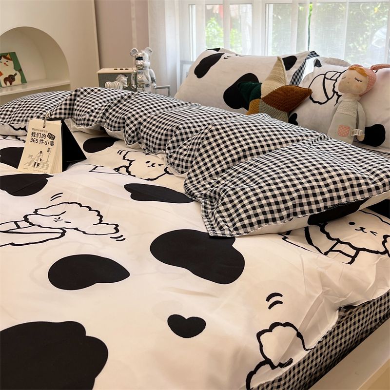 Ins Style Duvet Cover Flat Sheet Pillowcases Cute Cartoon Floral Bed Linen Twin Full Queen Size Kids Home Bedding Set