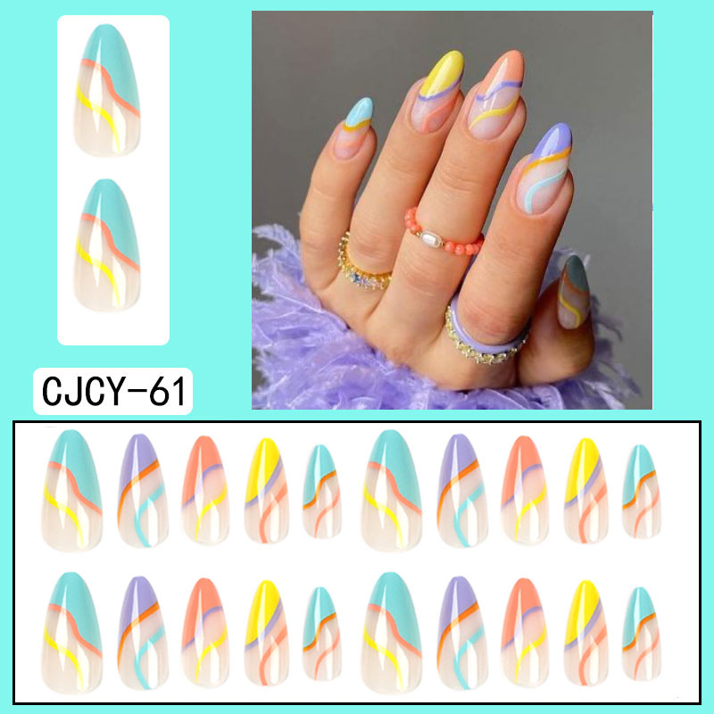 Simple French Wearable False Nails Almond Colorful Stripes Colorblock Design Manicure Fake Nails Line Full Cover Press On Nail