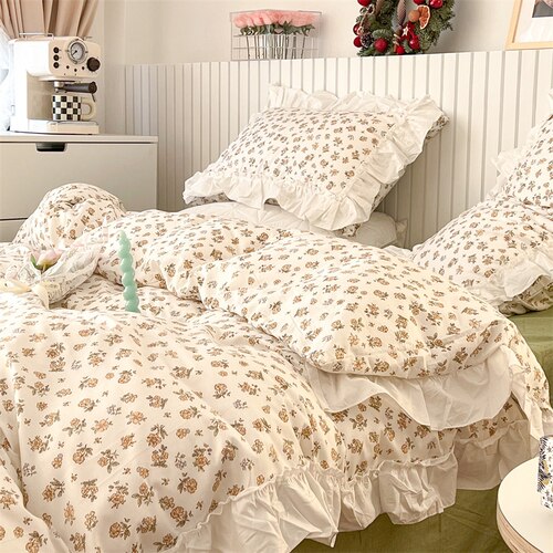 100% Cottom queen bedding set Romantic printed rose ruffle pink bedding set princess home textile linen bed sheet set twin size