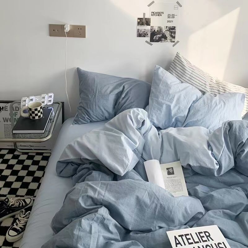 Ins Wind Haze Blue Literary Simple Double Spell Washed Cotton Bed Four-piece Set Dormitory Three-piece Bed Sheet Three-piece Set