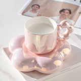 Elegant Pearl White Pink Purple Flower Coffee Cup and Saucer Cute Ceramic Tea Cup Set Drinkware Gift For Her Girl Mother Friends