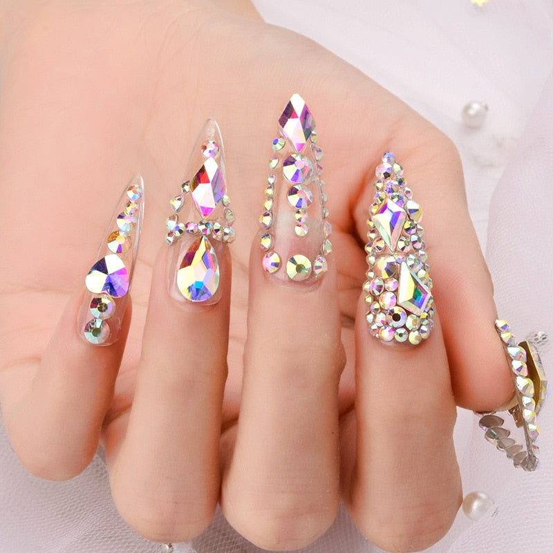 1 Box Glitter 3D Rhinestones AB Flat Back Shiny Stones Nail Art Decorations Mixed Size Nail Gems Crystal Strass Accessories