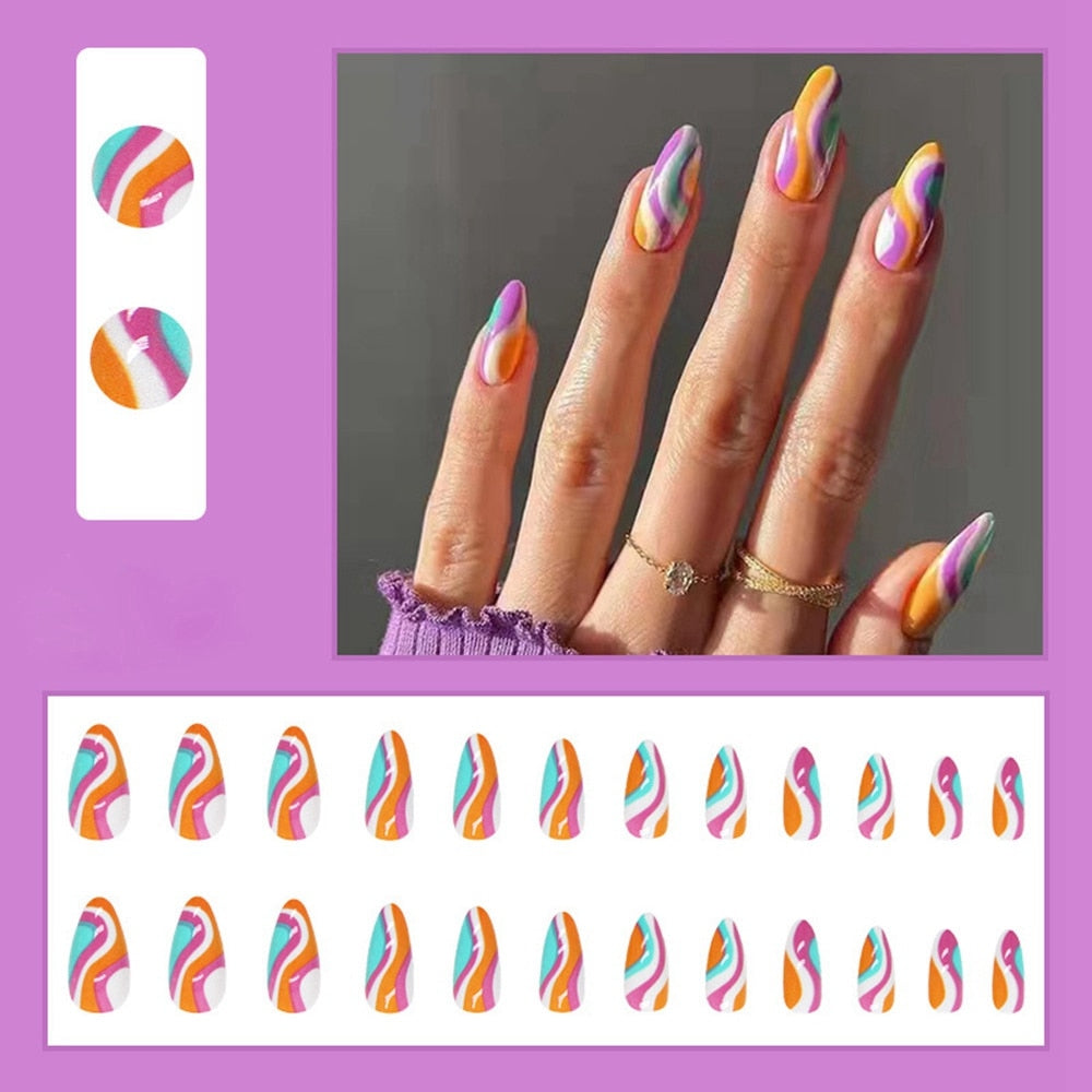 Simple French Wearable False Nails Almond Colorful Stripes Colorblock Design Manicure Fake Nails Line Full Cover Press On Nail