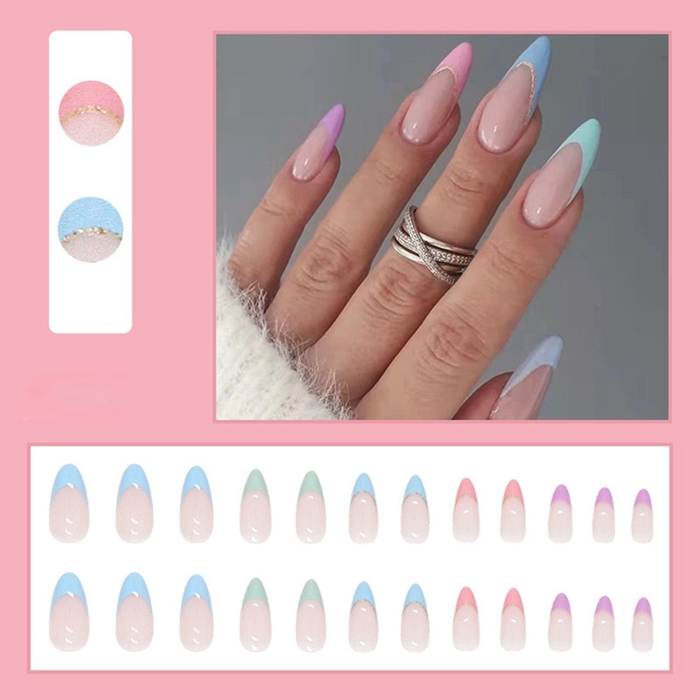 Simple French Wearable False Nails Almond Colorful Stripes Colorblock Design Manicure Fake Nails Line Full Cover Press On Nail