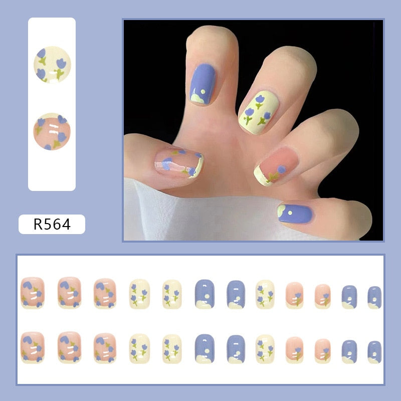 24Pcs/Set Short False Press on Nail Tip with Glue Designs Detachable Reusable Fake Nails with Glue Stick-on Nail Art DIY Tips