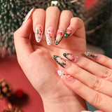 24Pcs Christmas False Nails Wearable French Fake Nails Almond Ballet Press on Nail Snowflakes Santa Hat Design Manicure Tips