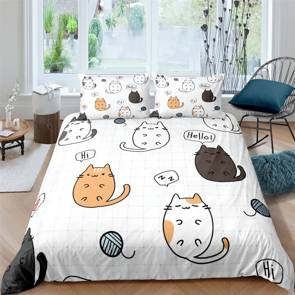 Home Textile Cartoons Cute Cat Quilt Cover Polyester Duvet Cover Pillow Case Boy Girl 2/3Pcs Bedding Set King Queen Twin Size