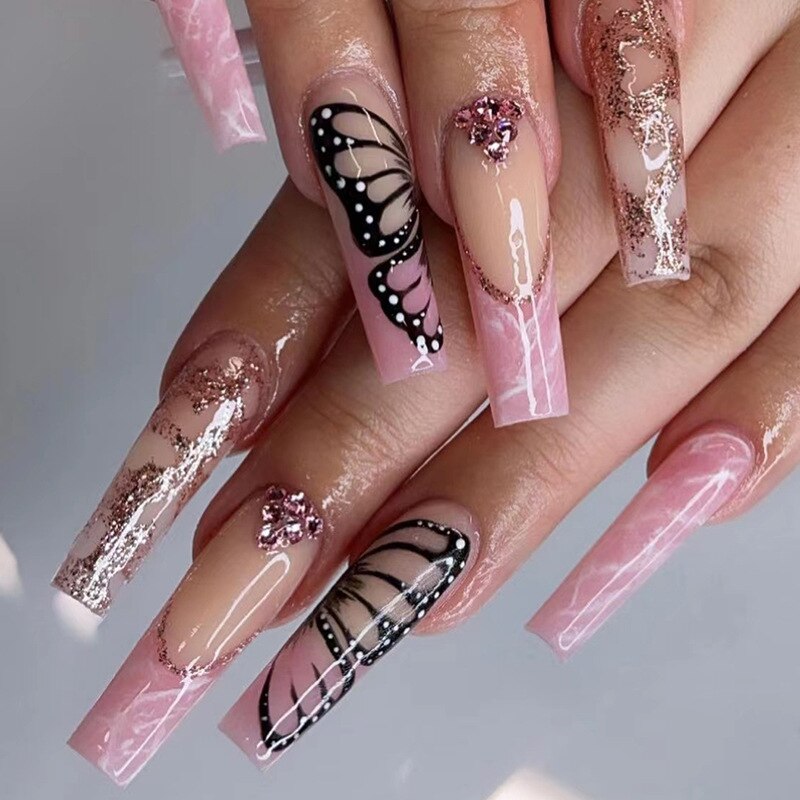 Transparent Ballerina Full Cover False Nail Patches Press on Nails Detachable Coffin Fake Nails with Jelly Glue Butterfly Design