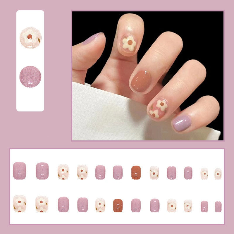 24Pcs Shiny Pink Short False Nails Detachable Press on Nails with Glue Acrylic Fake Nails Star Love Flower Pattern Nail Art Tips