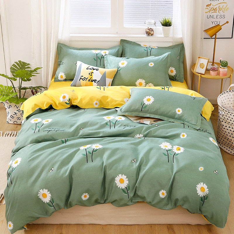 Cute Dinosaur Print Queen Size Bedding Set King Size Daisy Printed  Duvet Cover Set with Flat Sheets Cozy Durable Bedding Sets