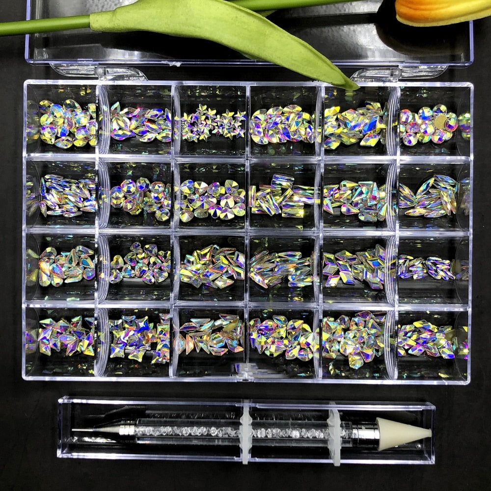 2000PC (20*100) Crystal AB Rhinestone In Grids 20Shape Flat- Back Nail Art Rhinestone With 1 Pick Up Pen In Clear Big Box