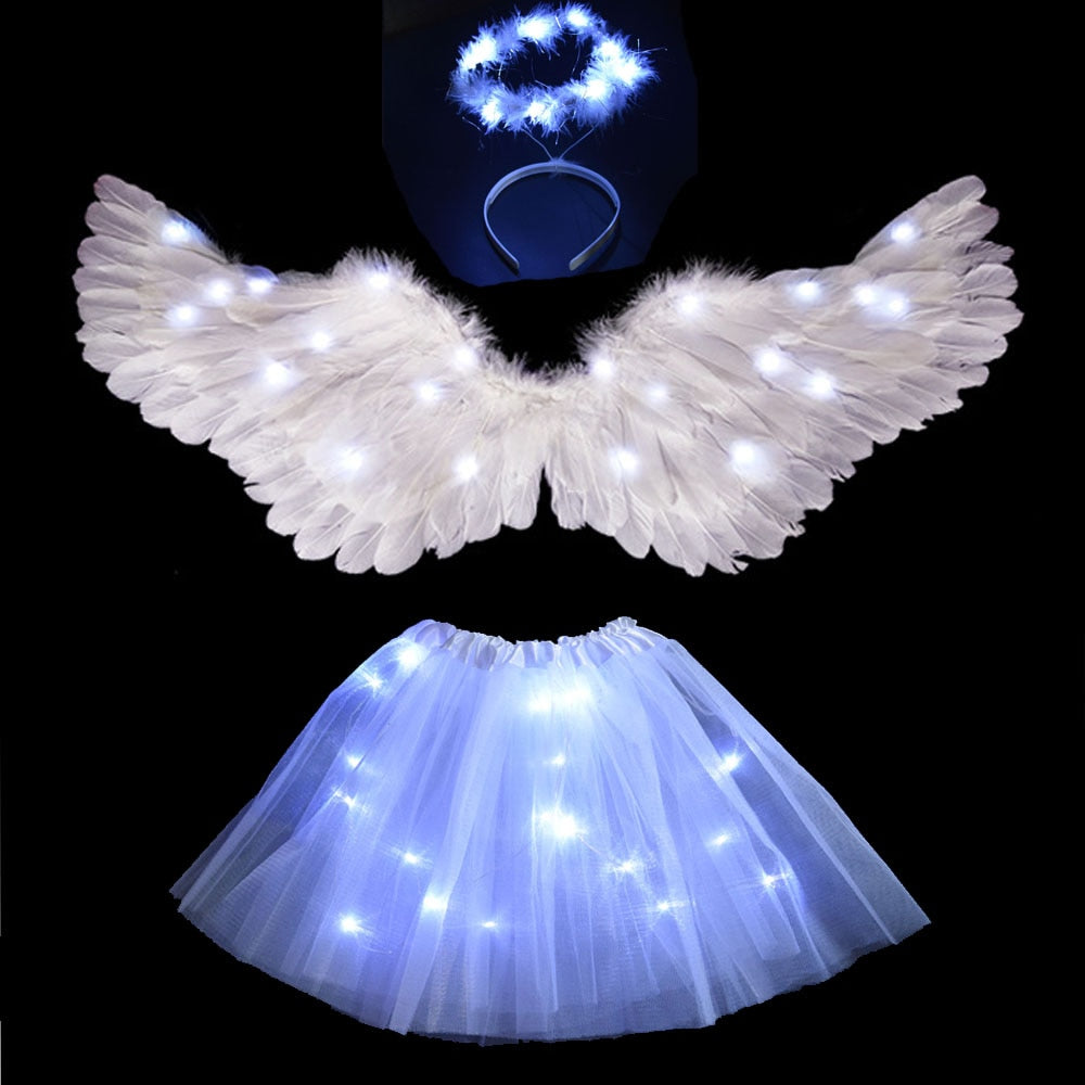 Girls Women Kids Adult LED Light Up White Feather Wing Angel Halo Glow Party Costume Gift Birthday Wedding  Halloween Christmas