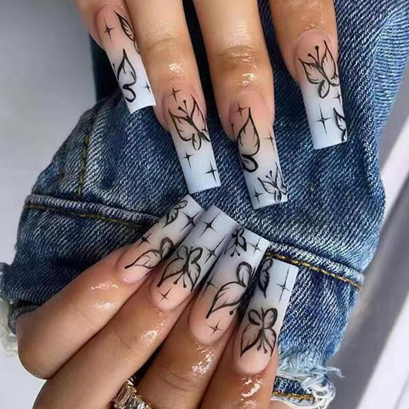 2022 Halloween Patch Nail Tip(24pcs/Box)French Press On Fake False Full Coverage Grimace,Blood Long Coffin Nail Tips With 1 Glue