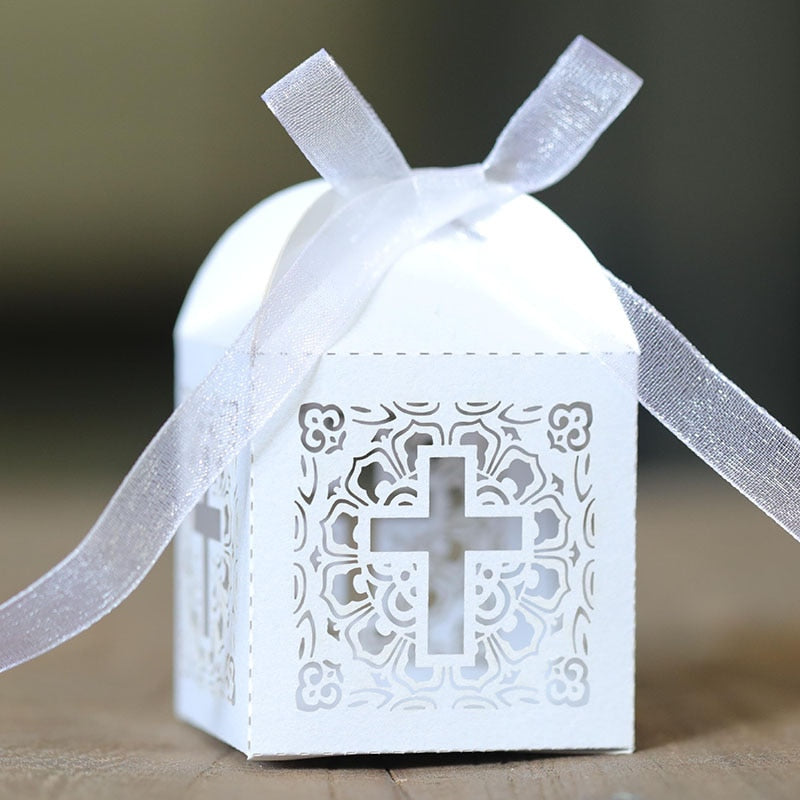 50/100pcs Lace Cross Candy Box Easter Favor Gift Packaging Box With Ribbon Birthday Baptism Wedding Communion Christening Decor