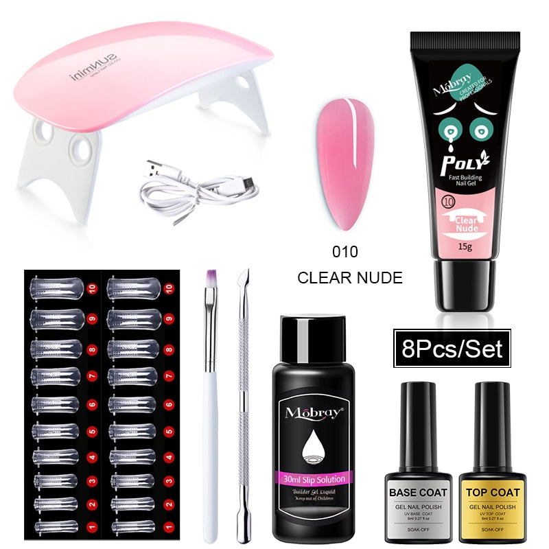 Poly Nail Gel Kit UV LED Nail lamp Nail Extension Gel Glitter Soak Off Varnish Nail Art Set with Slip Solution Manicure Tools