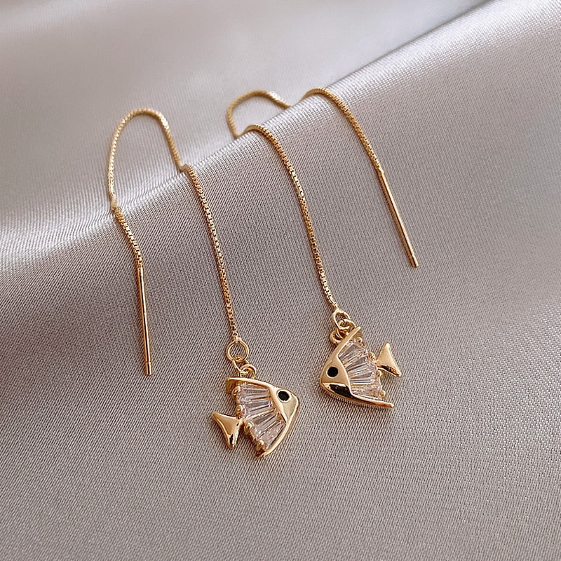 Korea Gold Color Flower Chain Tassel Drop Earrings For Women Bird Rabbit Leaf Airplane Long Piercing Line Earrings Party Jewelry