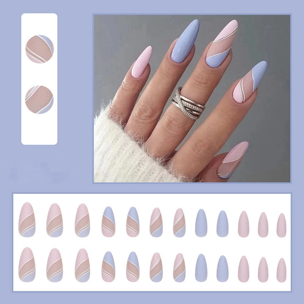 Simple French Wearable False Nails Almond Colorful Stripes Colorblock Design Manicure Fake Nails Line Full Cover Press On Nail