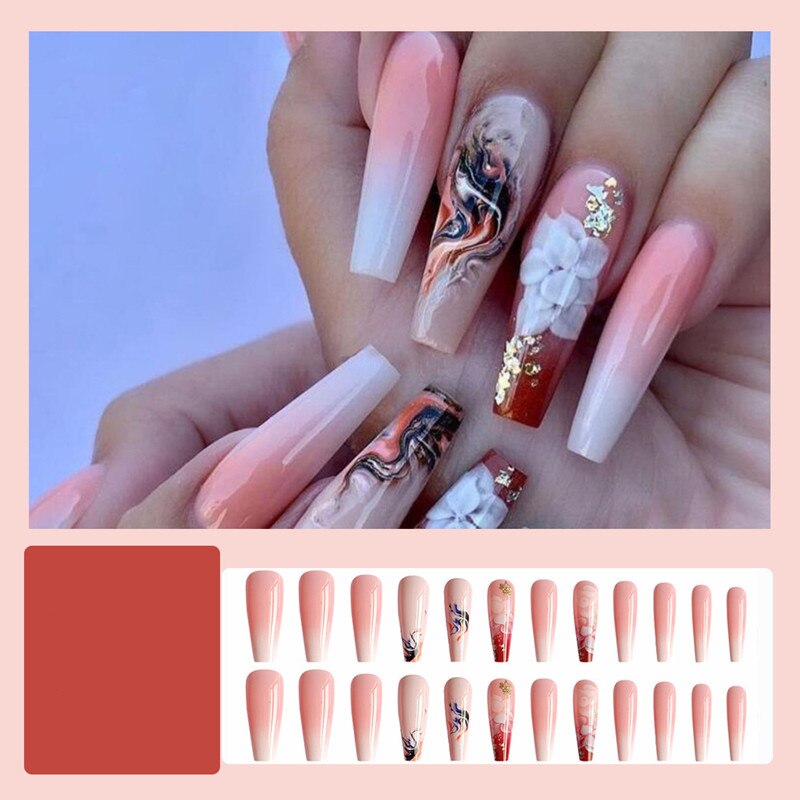 24Pcs Butterfly Print Fake Nails with Glue Long Coffin Nail Art Tips Artifical False Nails with Rhinestones Press on Nails