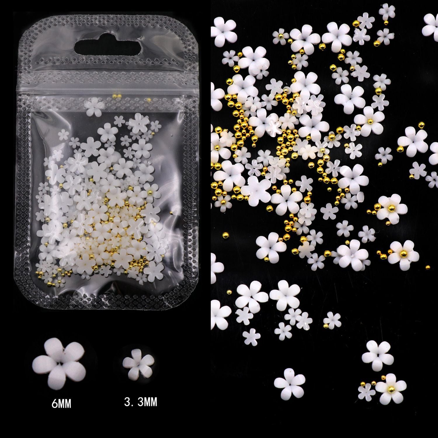 White Pink 3D Nail Flowers Mixed-size Acrylic Flower Gold Pearl Design DIY Nail Art Decoration Manicure Ornaments Accessories