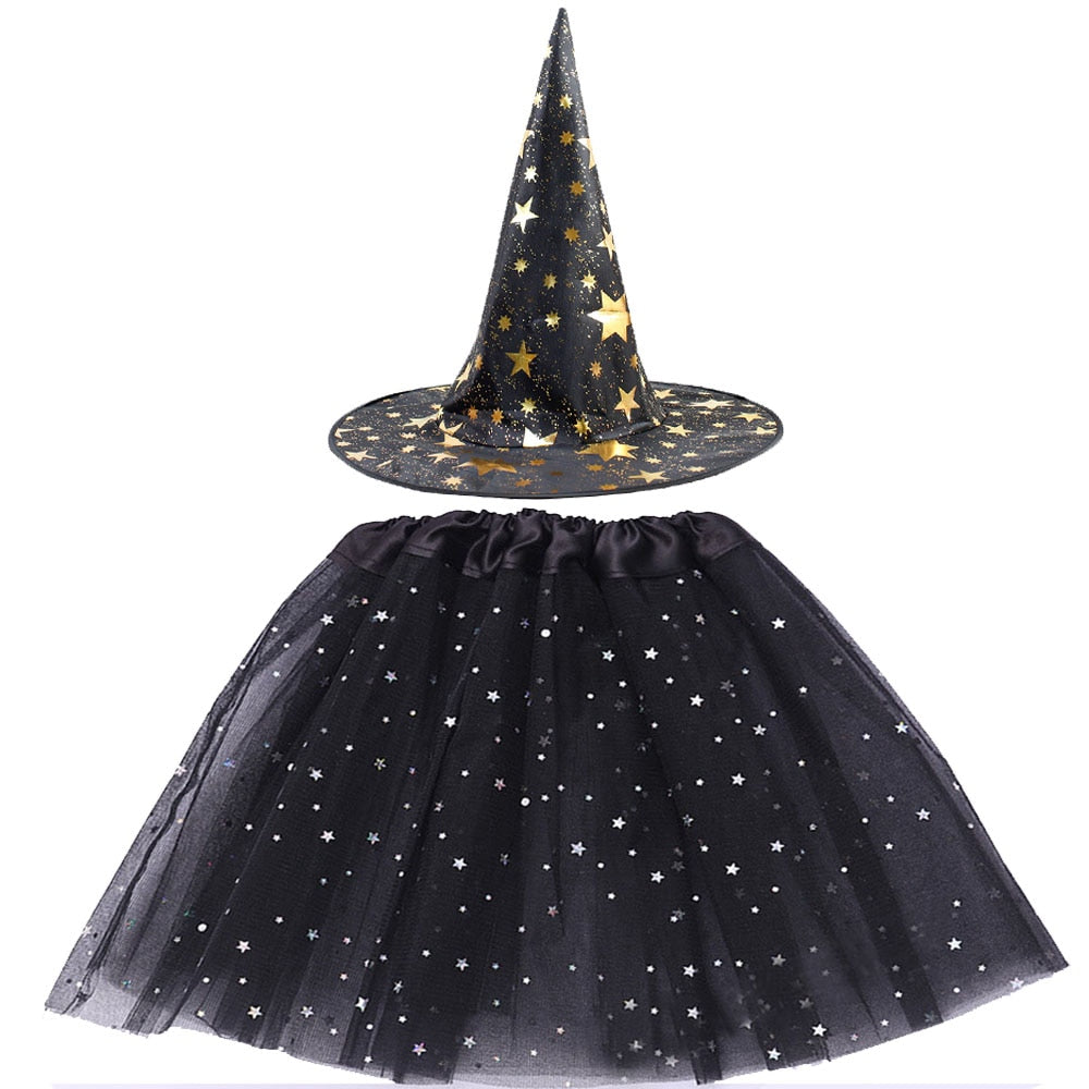 Halloween Costume for Kids Girls Spider Web Tutu Cobweb Skirt Witch Wizard Hat Tulle Carnival Birthday Party Outfits Festival