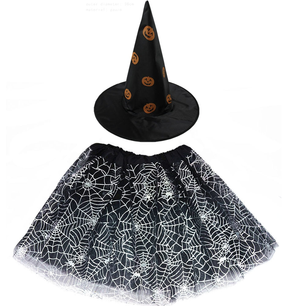 Halloween Costume for Kids Girls Spider Web Tutu Cobweb Skirt Witch Wizard Hat Tulle Carnival Birthday Party Outfits Festival