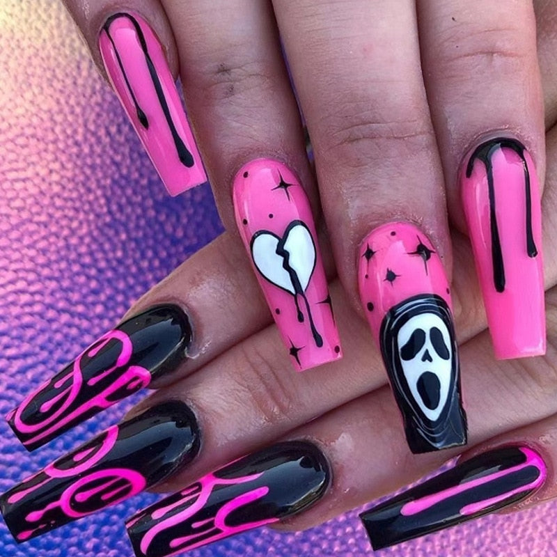 2022 Halloween Patch Nail Tip(24pcs/Box)French Press On Fake False Full Coverage Grimace,Blood Long Coffin Nail Tips With 1 Glue