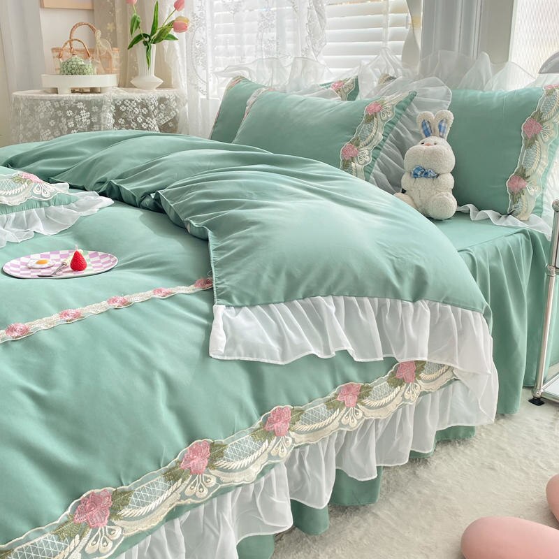 Princess Style Korean Bed Skirt Bed Sheet Embroidered Ruffle Lace Quilt Cover Ins Bedding For Girls Luxury Home Textiles