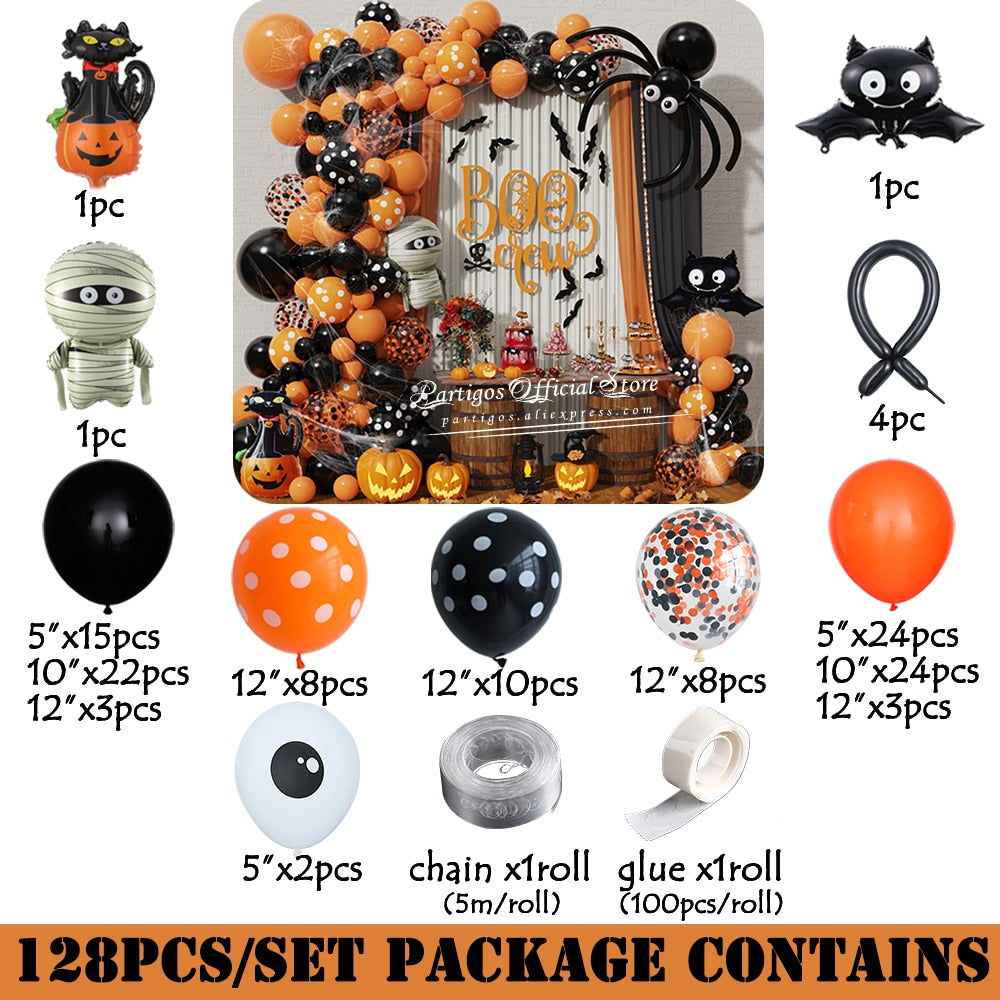 128Pcs DIY Orange Black Halloween Balloon Garland Arch Black Cat Bat Pumpkin Mummy Foil Balloons Halloween Boo Party Decorations