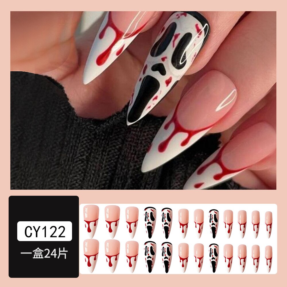 24Pcs Long Coffin False Nails Grimace Designs Wearable French Ballerina Fake Nails Press on Full Cover Manicure Nail Tips