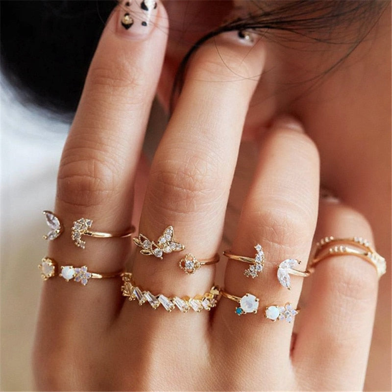 KOTiK Trendy Bohemian Midi Knuckle Ring Set For Women Gold Color Crystal Heart Flower Moon Geometric Finger Rings Jewelry Gifts