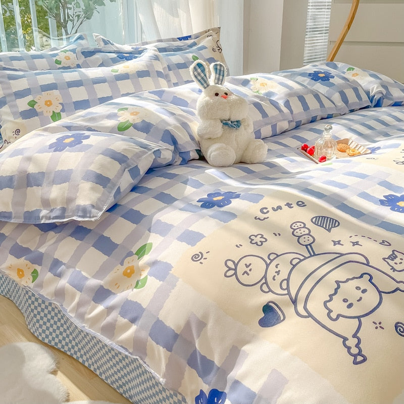 New Cartoon Foral Print Polyester Bedding Set Full Size Soft Thicken Duvet Cover Set with Flat Sheet Quilt Cover and Pillowcase