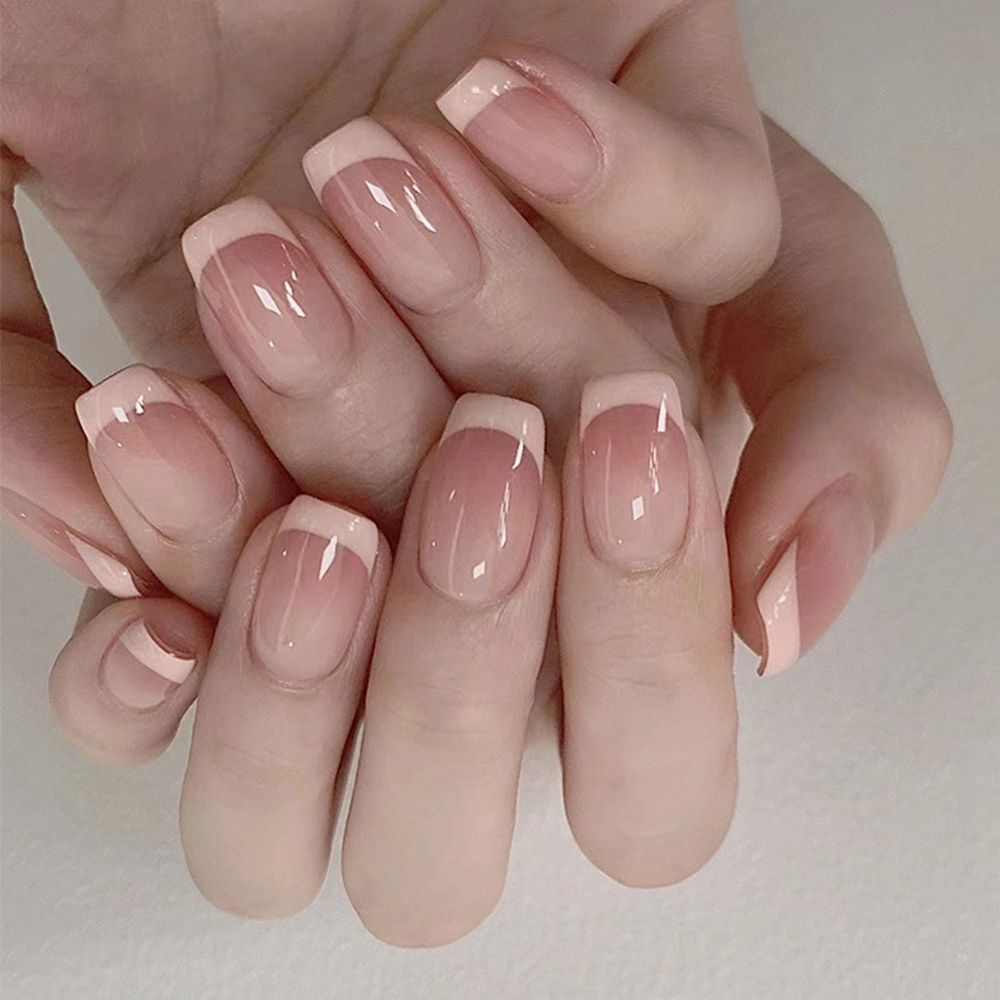 24Pcs Short False Nails Coffin nude pink design Artificial Ballerina Fake Nails With Glue Full Cover Nail Tips Press On Nails