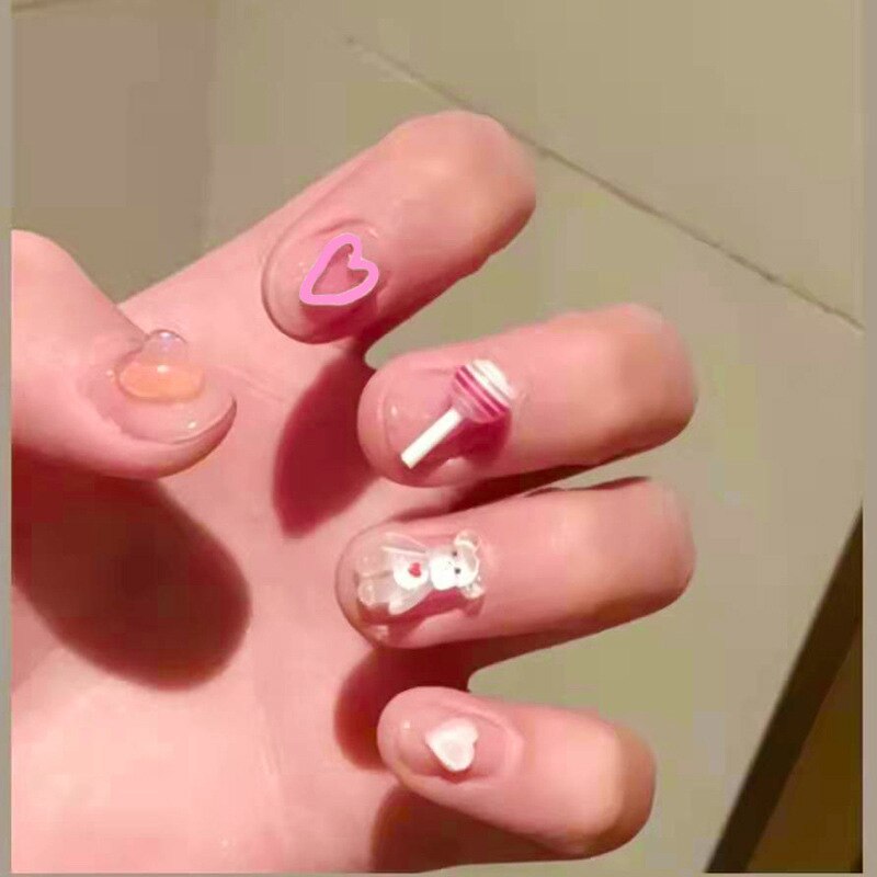 24Pcs/Box Fake Nails Press On Nail Lovely Bow Cartoon Bear Long False Nail Sweet T-nails Nail Arts For Girls New Manicure
