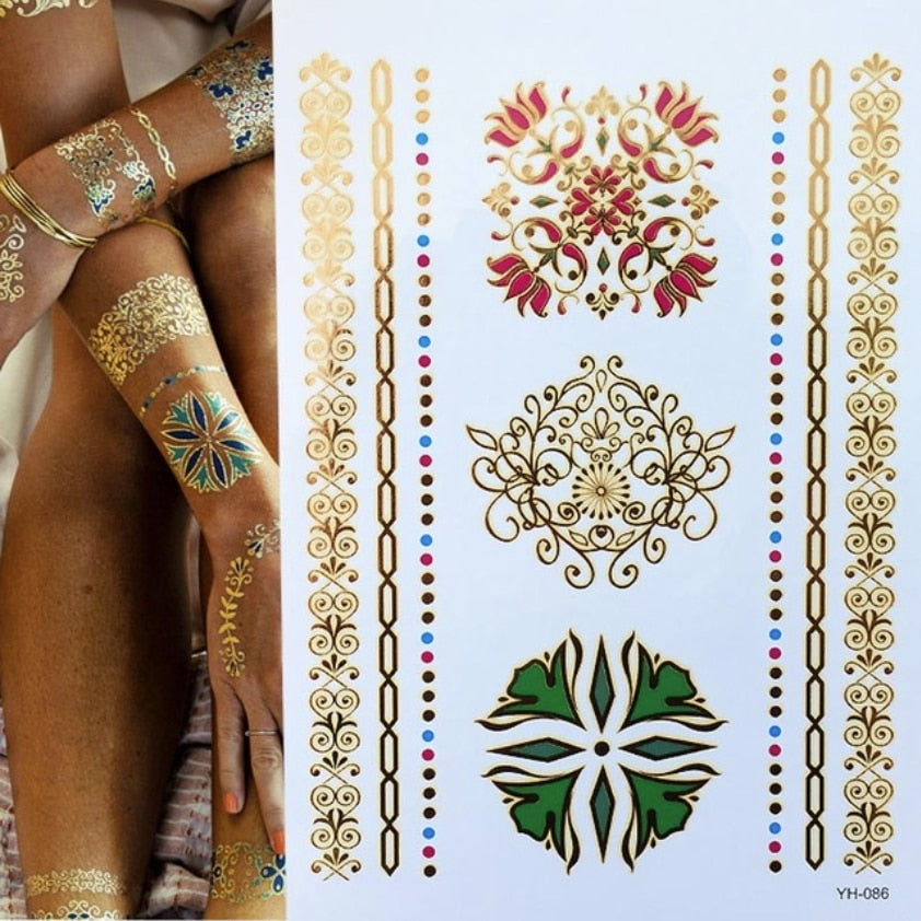 Flash Metallic Waterproof Temporary Tattoo Gold Silver Tatoo Women Henna Mandala Flower Lace Taty Indian Arabic Tattoo Sticker