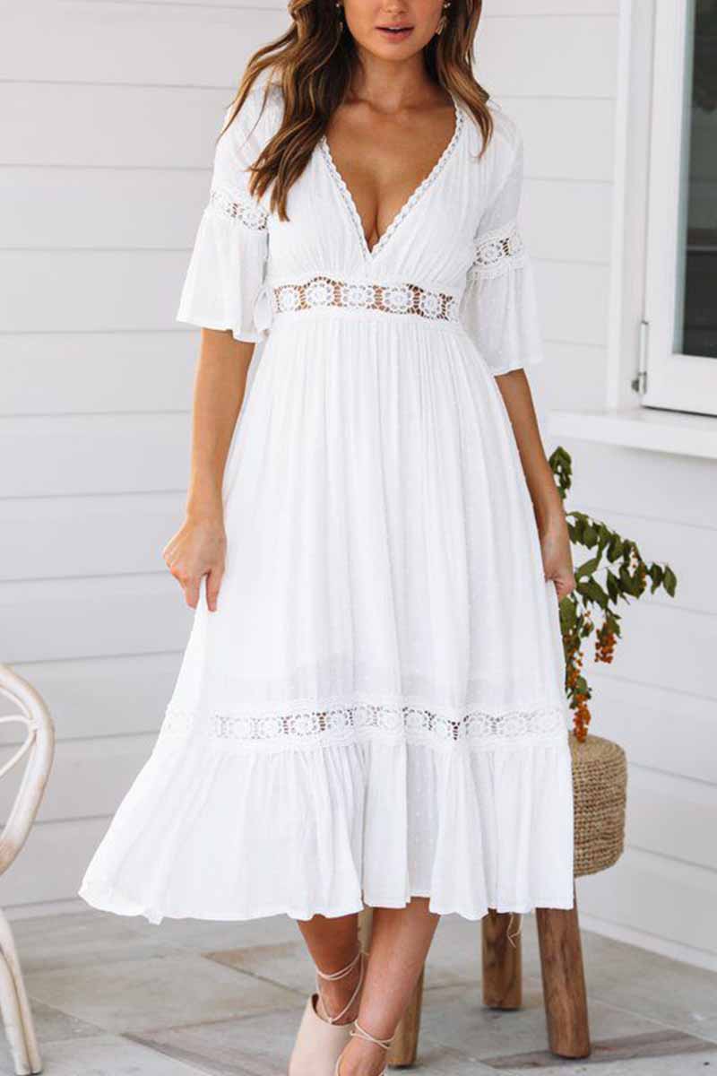 Oklulu White Lace Midi Dresses